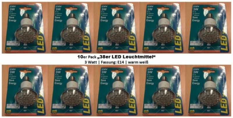 10er Pack - 38x LED, E14, 3Watt, 230Volt, Leuchtmittel