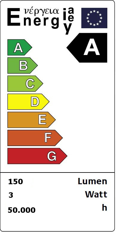 Lampenlabel , Energieeffizienzklasse - A - 150 Lumen , 3 Watt , 50.000 h